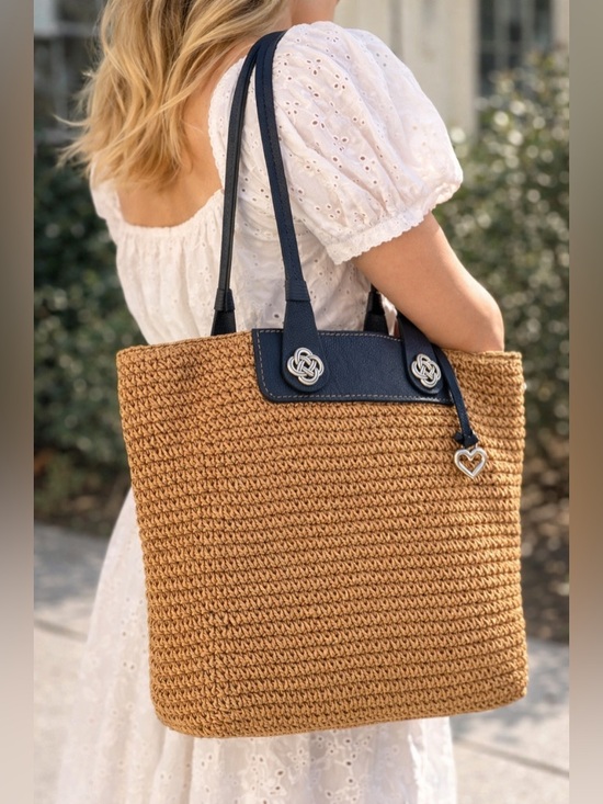 Brighton Handbags - Brighton Lena Straw Tote Blue Leather Trim | Interlok Knot Charm Coastal Chic